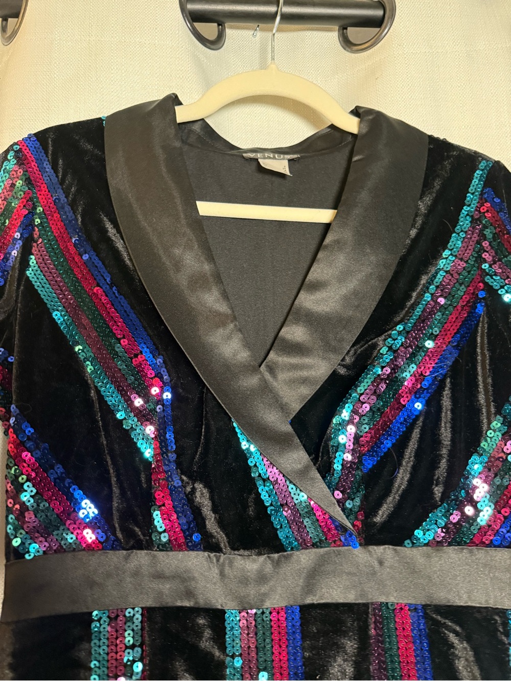 Venus Black Velvet Blue Pink Purple Sequin Tuxedo Style Long Sleeve Dress Size 2 - Picture 10 of 12